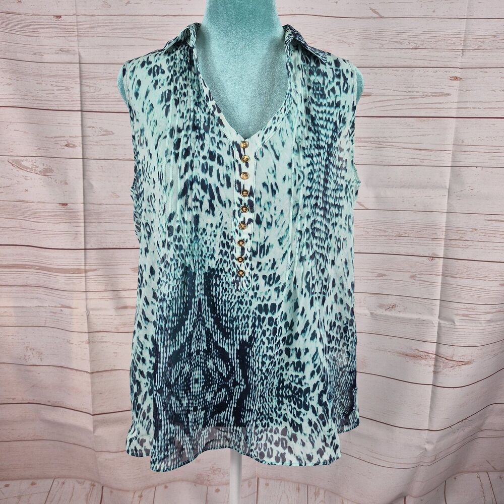 NY&Co Green Blue Snake Print Sleeveless Sheer Top Blouse Womens Sz Medium Career